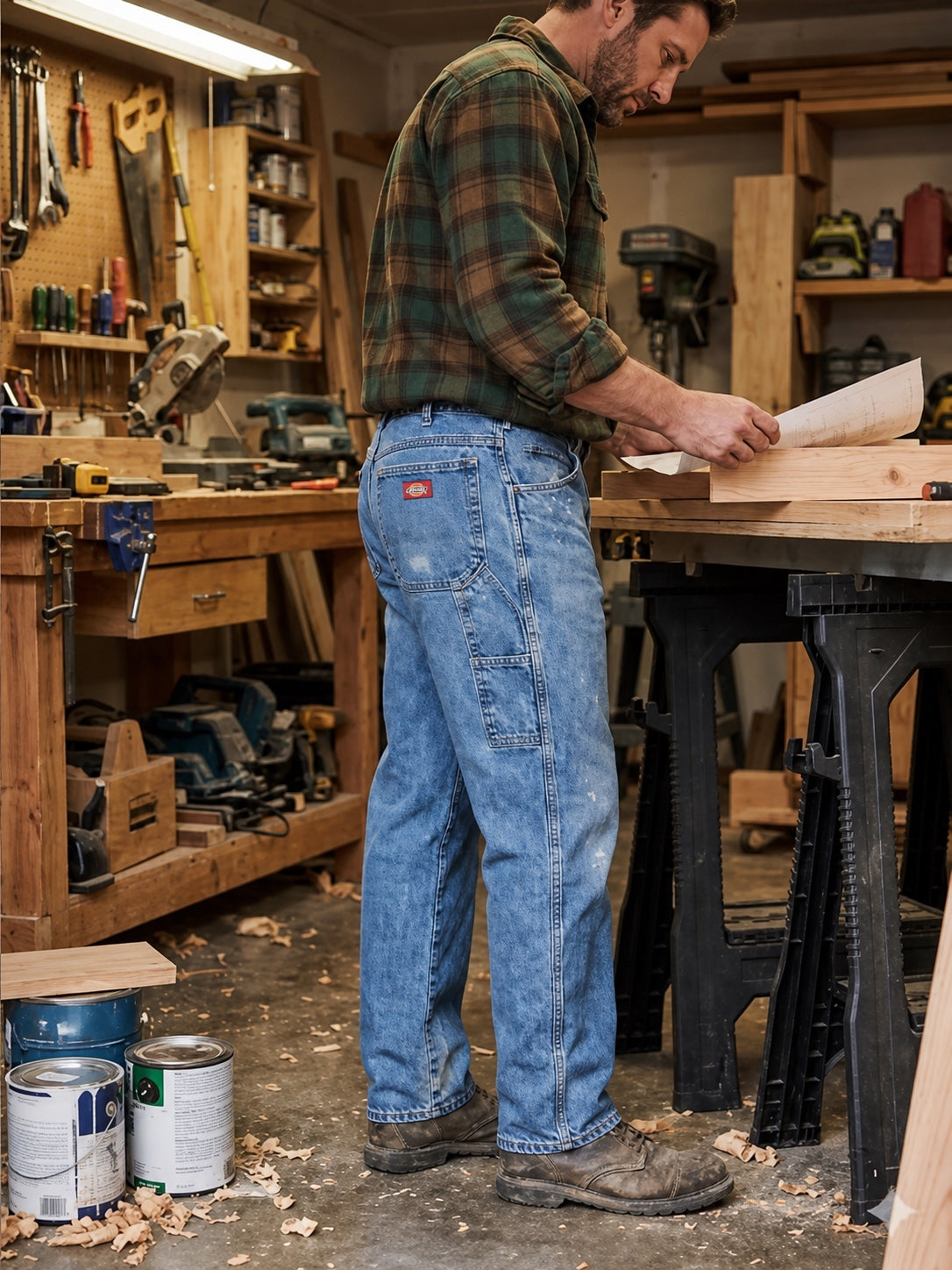 Carpenter wearing denim utility pants in a workshop